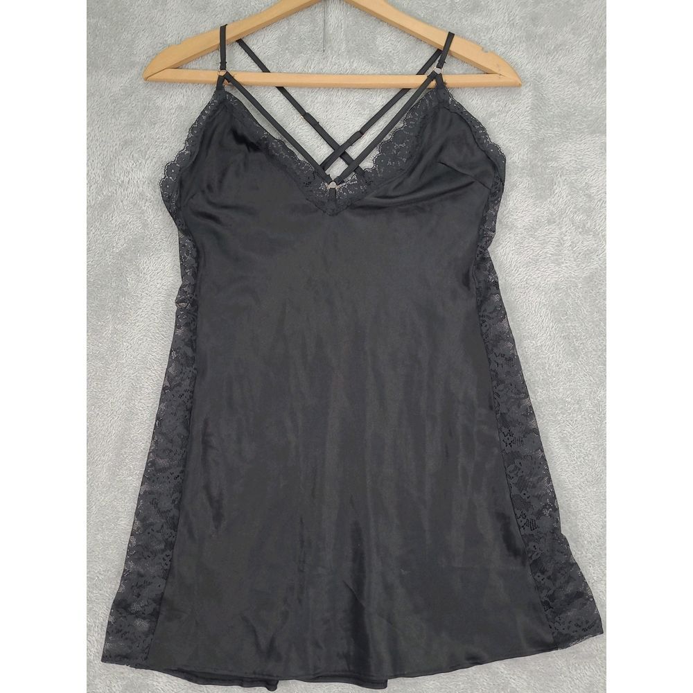 Victoria Secret Womens Lace Trim Sleeveless Satin‎ Mini Slip Dress Size M Black